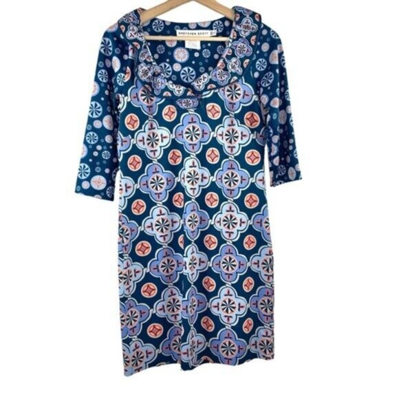 Gretchen Scott Jersey Ruffneck Blue Sundial Geometric Dress with Ruffle Collar - Picture 2 of 6